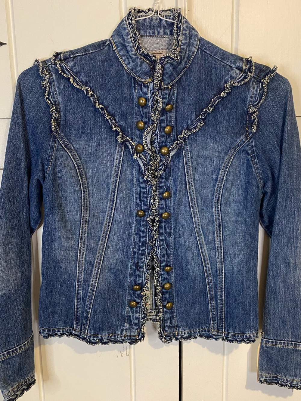 Vintage Rave fitted denim jacket with high neck and frayed ruffle detailing. Med
